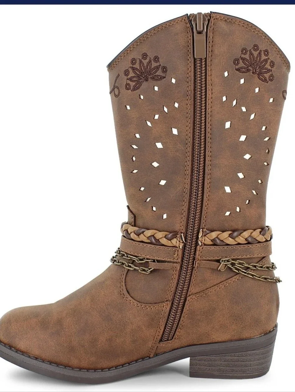 Girls' Brown Braided & Chain Accent Western-Style Boots Sz. 5